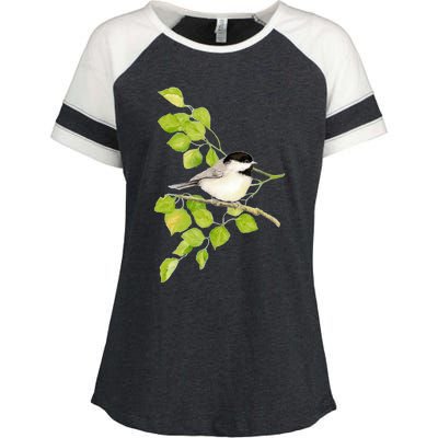 Watercolor Chickadee Bird In Poplar Tree Baseball ¾ Sleeve Enza Ladies Jersey Colorblock Tee