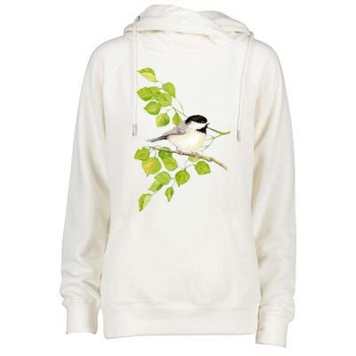 Watercolor Chickadee Bird In Poplar Tree Baseball ¾ Sleeve Womens Funnel Neck Pullover Hood