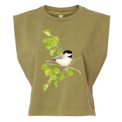 Watercolor Chickadee Bird In Poplar Tree Baseball ¾ Sleeve Garment-Dyed Women's Muscle Tee