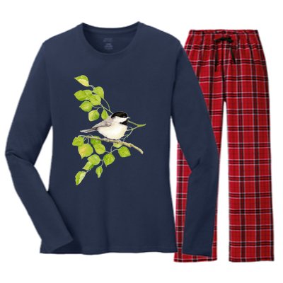 Watercolor Chickadee Bird In Poplar Tree Baseball ¾ Sleeve Women's Long Sleeve Flannel Pajama Set 