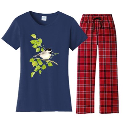 Watercolor Chickadee Bird In Poplar Tree Baseball ¾ Sleeve Women's Flannel Pajama Set