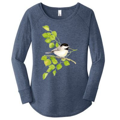 Watercolor Chickadee Bird In Poplar Tree Baseball ¾ Sleeve Women's Perfect Tri Tunic Long Sleeve Shirt