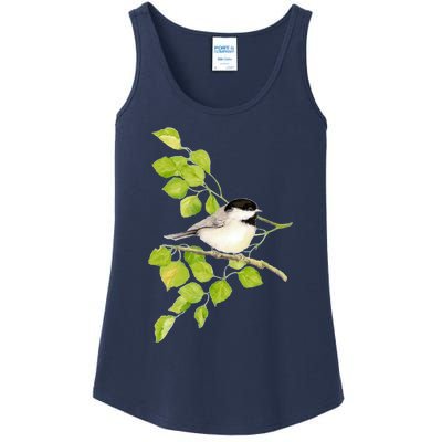 Watercolor Chickadee Bird In Poplar Tree Baseball ¾ Sleeve Ladies Essential Tank