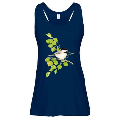 Watercolor Chickadee Bird In Poplar Tree Baseball ¾ Sleeve Ladies Essential Flowy Tank