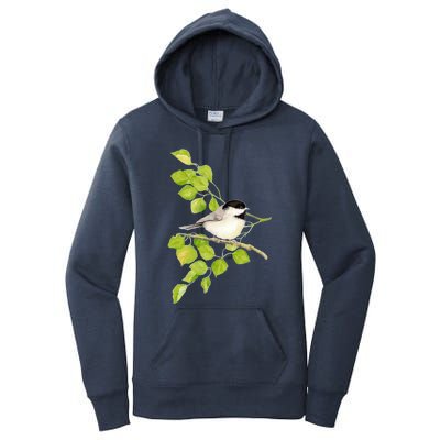 Watercolor Chickadee Bird In Poplar Tree Baseball ¾ Sleeve Women's Pullover Hoodie