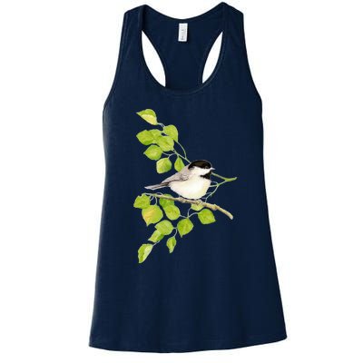 Watercolor Chickadee Bird In Poplar Tree Baseball ¾ Sleeve Women's Racerback Tank