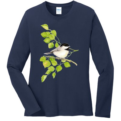 Watercolor Chickadee Bird In Poplar Tree Baseball ¾ Sleeve Ladies Long Sleeve Shirt