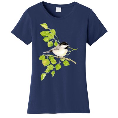 Watercolor Chickadee Bird In Poplar Tree Baseball ¾ Sleeve Women's T-Shirt