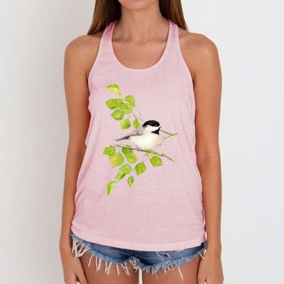 Watercolor Chickadee Bird In Poplar Tree Baseball ¾ Sleeve Women's Knotted Racerback Tank