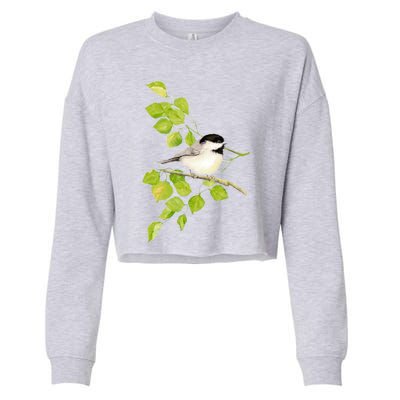 Watercolor Chickadee Bird In Poplar Tree Baseball ¾ Sleeve Cropped Pullover Crew