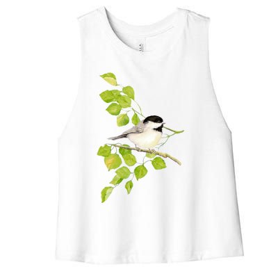 Watercolor Chickadee Bird In Poplar Tree Baseball ¾ Sleeve Women's Racerback Cropped Tank