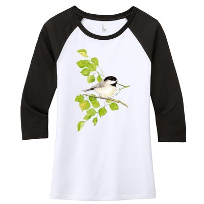 Watercolor Chickadee Bird In Poplar Tree Baseball ¾ Sleeve Women's Tri-Blend 3/4-Sleeve Raglan Shirt