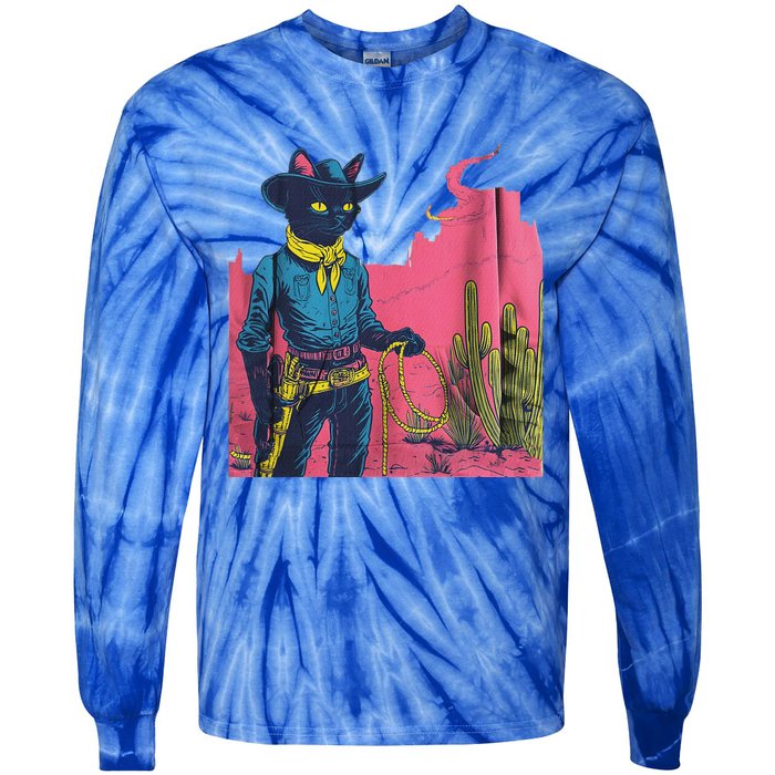 Western Cowboy Black Cat Tie-Dye Long Sleeve Shirt