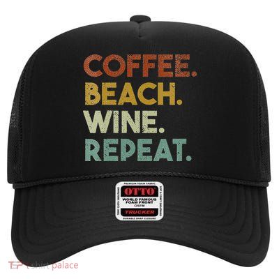 Womens Coffee Beach Wine Repeat Funny Retro Beach High Crown Mesh Back Trucker Hat