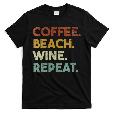 Womens Coffee Beach Wine Repeat Funny Retro Beach T-Shirt