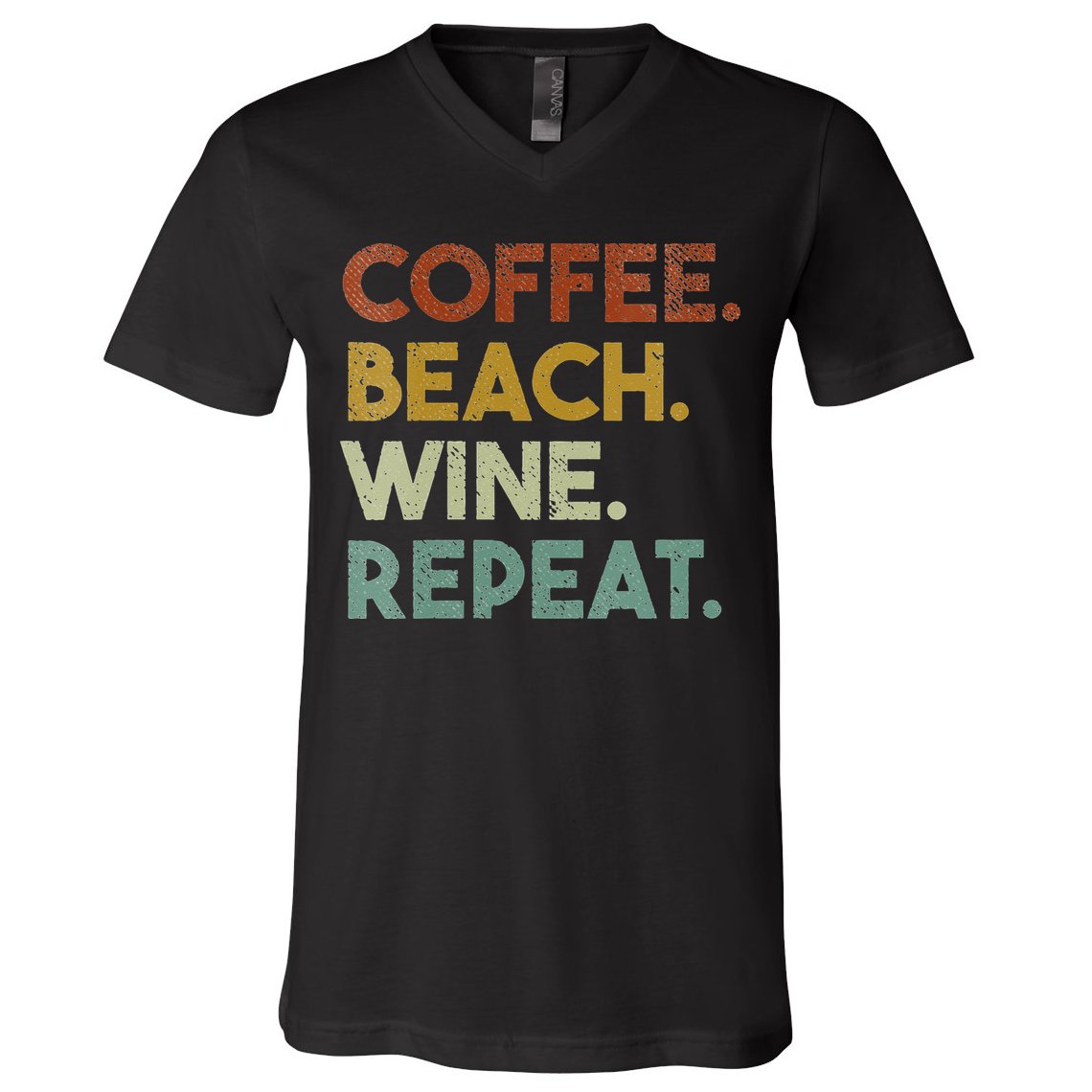 Womens Coffee Beach Wine Repeat Funny Retro Beach V-Neck T-Shirt