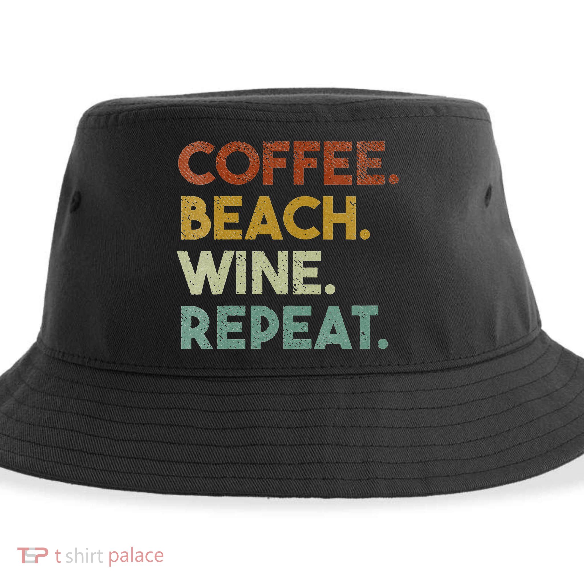 Womens Coffee Beach Wine Repeat Funny Retro Beach Sustainable Bucket Hat