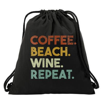 Womens Coffee Beach Wine Repeat Funny Retro Beach Drawstring Bag