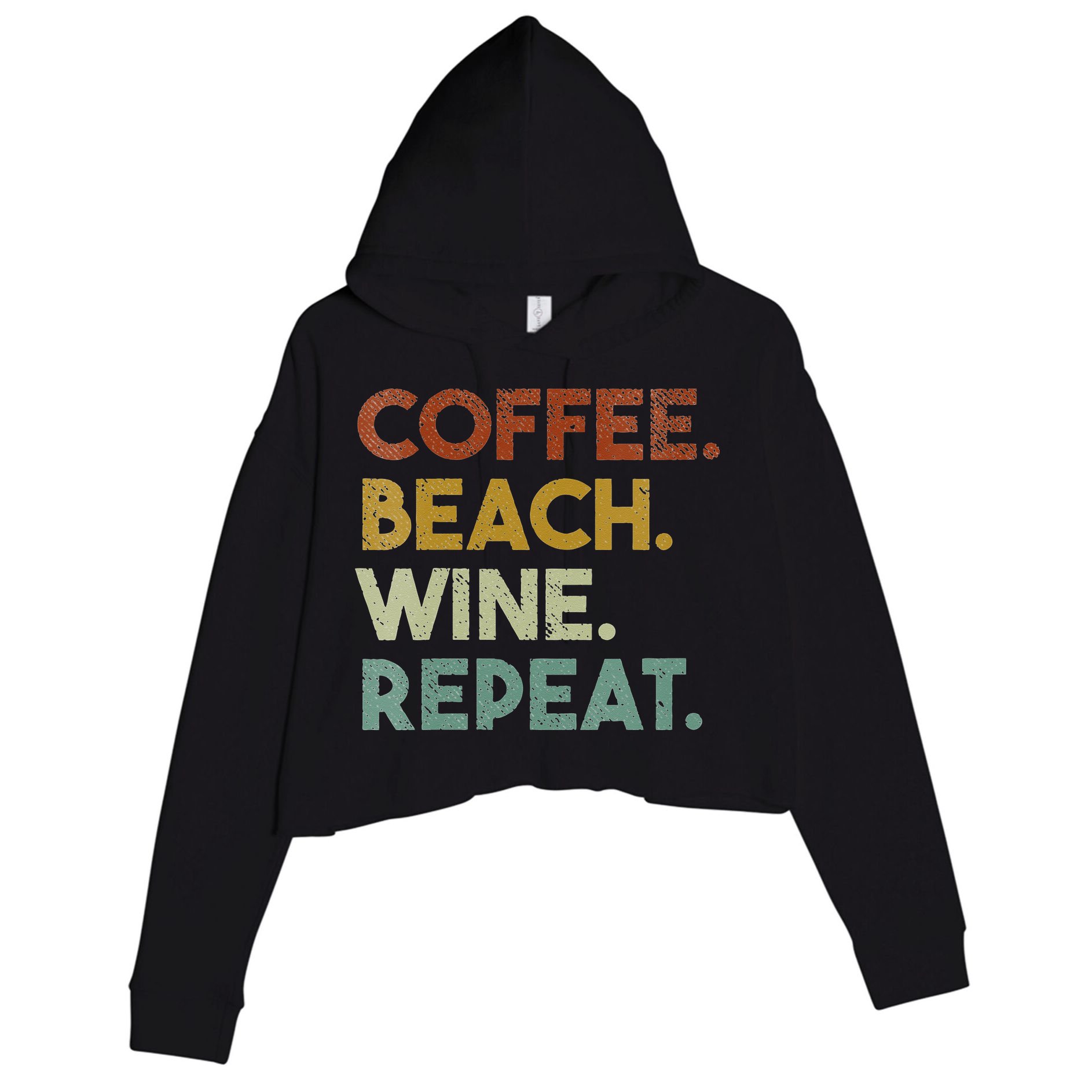 Womens Coffee Beach Wine Repeat Funny Retro Beach Crop Fleece Hoodie