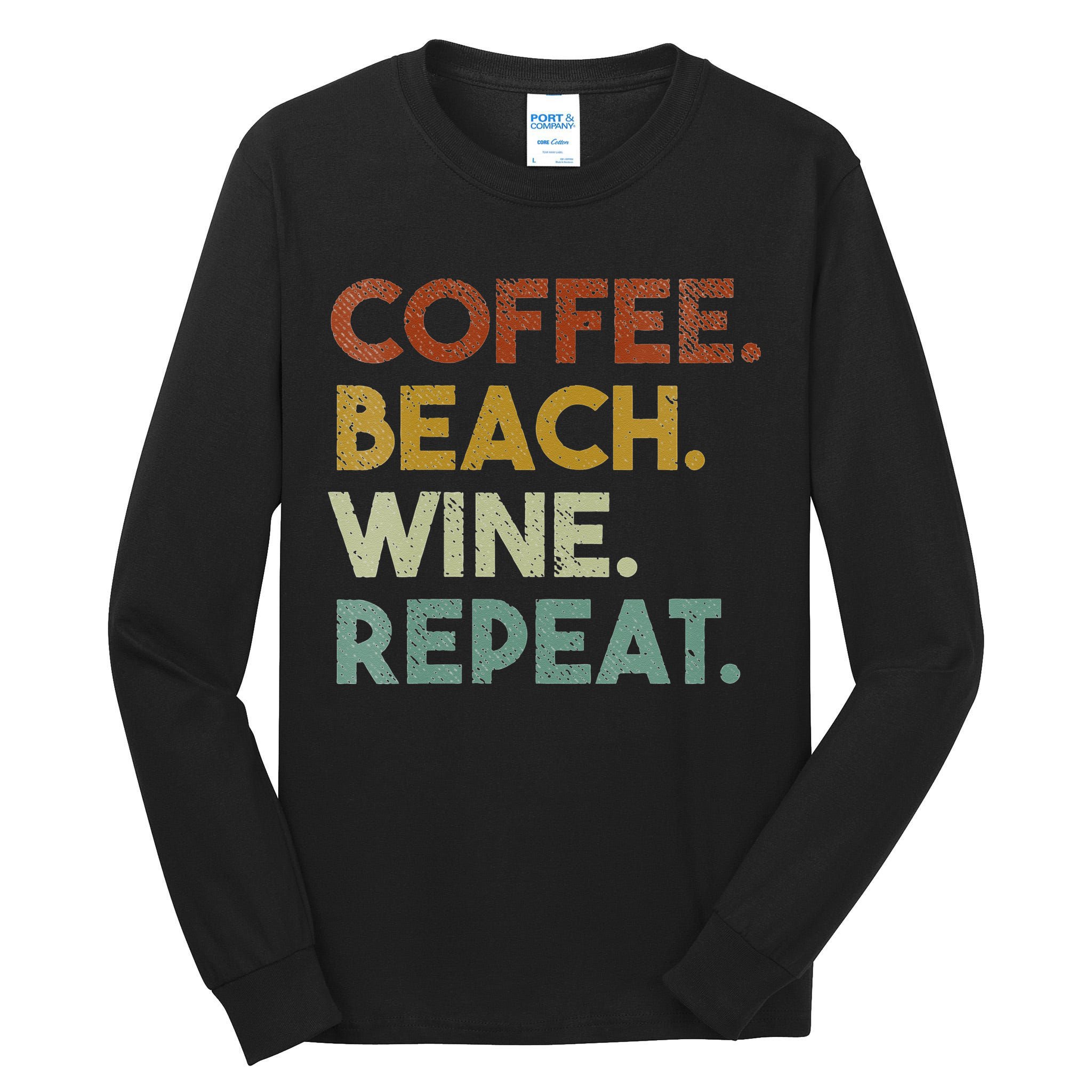 Womens Coffee Beach Wine Repeat Funny Retro Beach Tall Long Sleeve T-Shirt