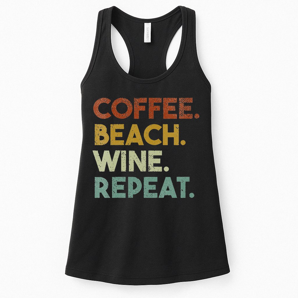 Womens Coffee Beach Wine Repeat Funny Retro Beach Womens Tank Top