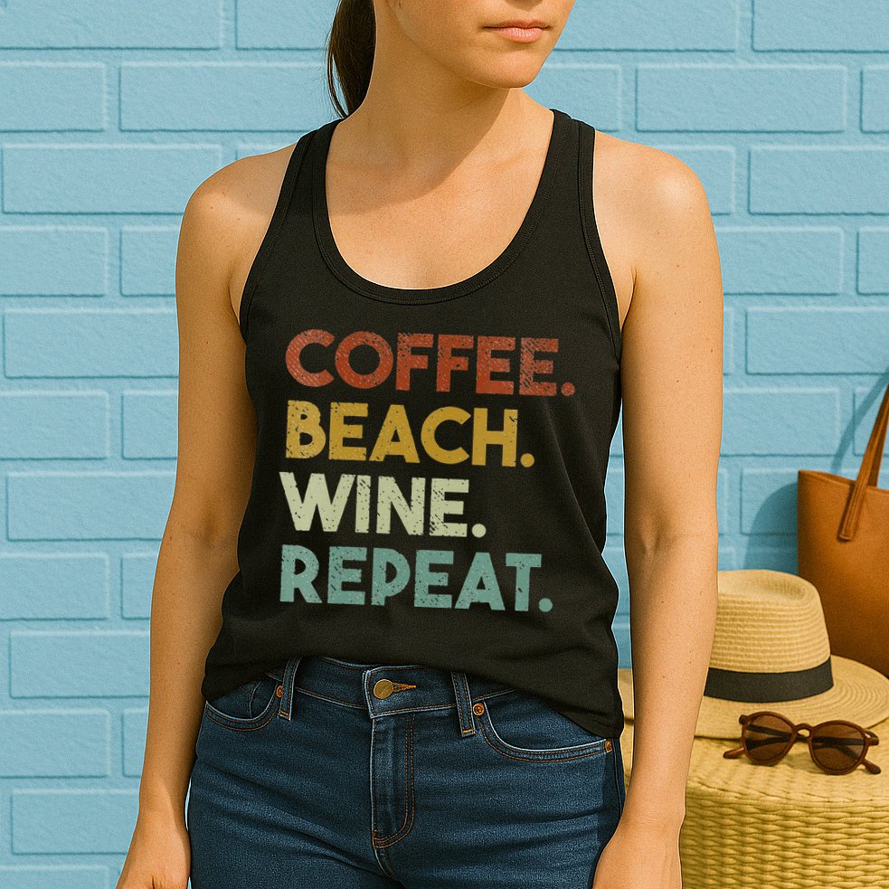 Womens Coffee Beach Wine Repeat Funny Retro Beach Womens Tank Top