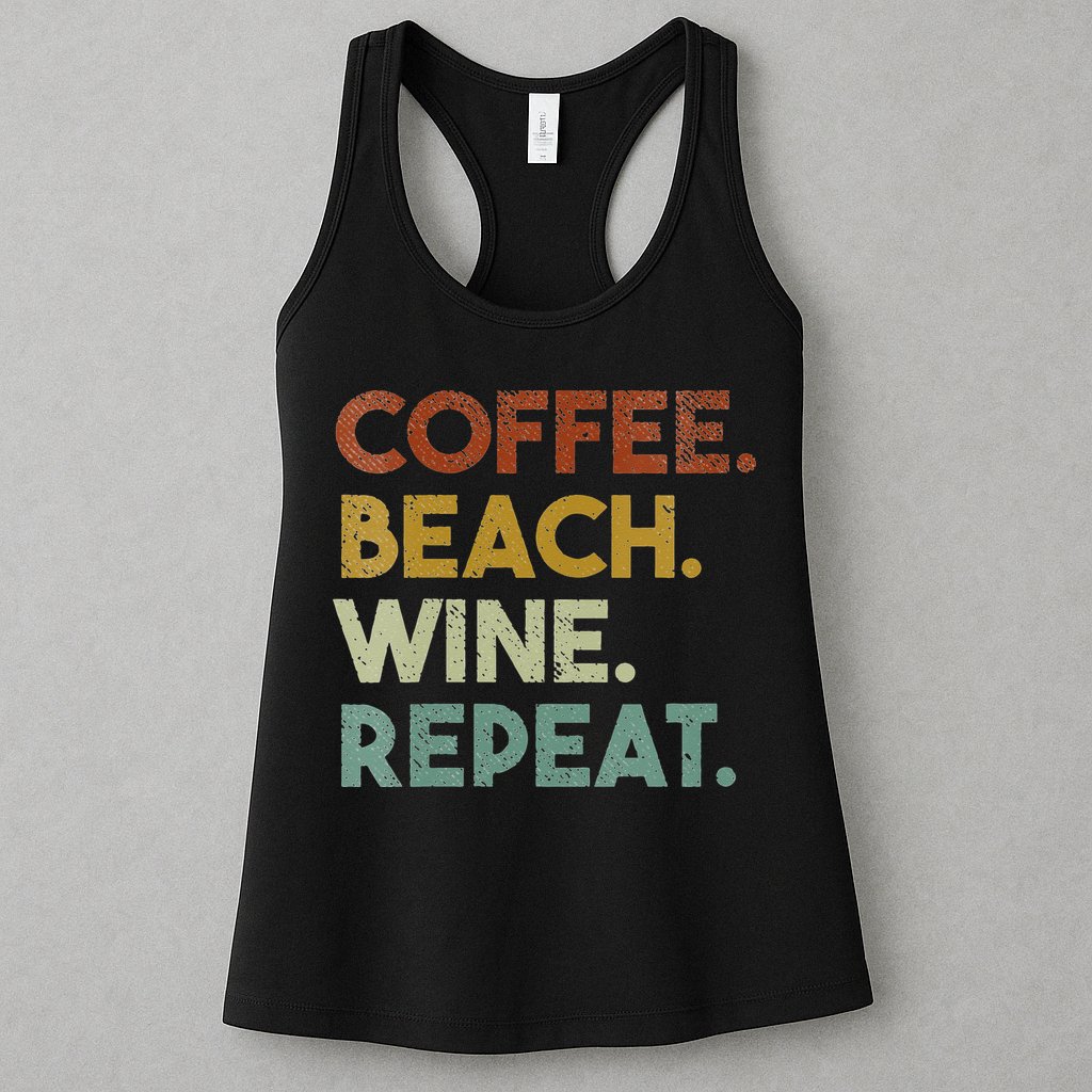 Womens Coffee Beach Wine Repeat Funny Retro Beach Womens Tank Top