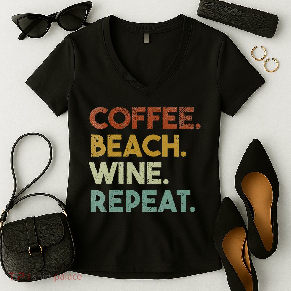 Womens Coffee Beach Wine Repeat Funny Retro Beach Women's V-Neck T-Shirt
