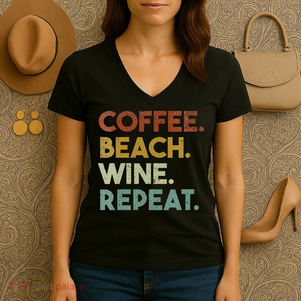 Womens Coffee Beach Wine Repeat Funny Retro Beach Women's V-Neck T-Shirt