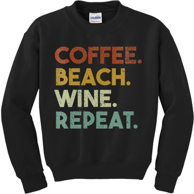 Womens Coffee Beach Wine Repeat Funny Retro Beach Kids Sweatshirt