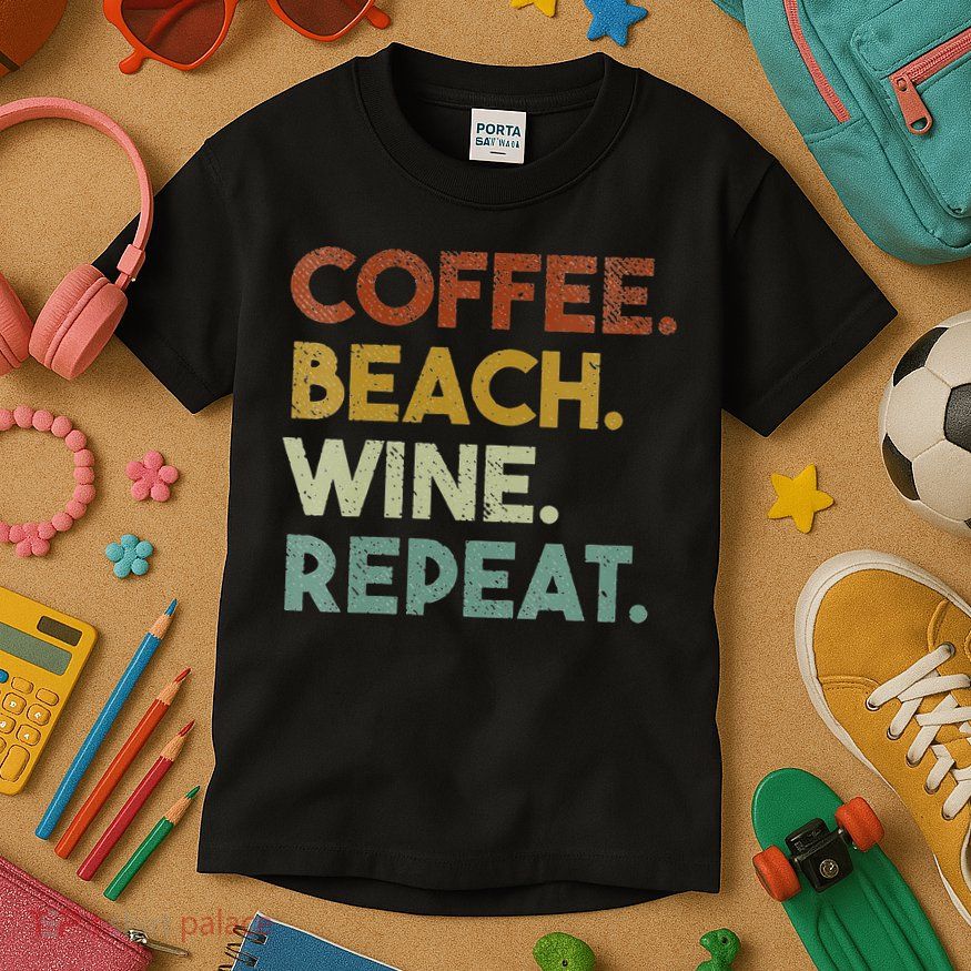 Womens Coffee Beach Wine Repeat Funny Retro Beach Kids T-Shirt