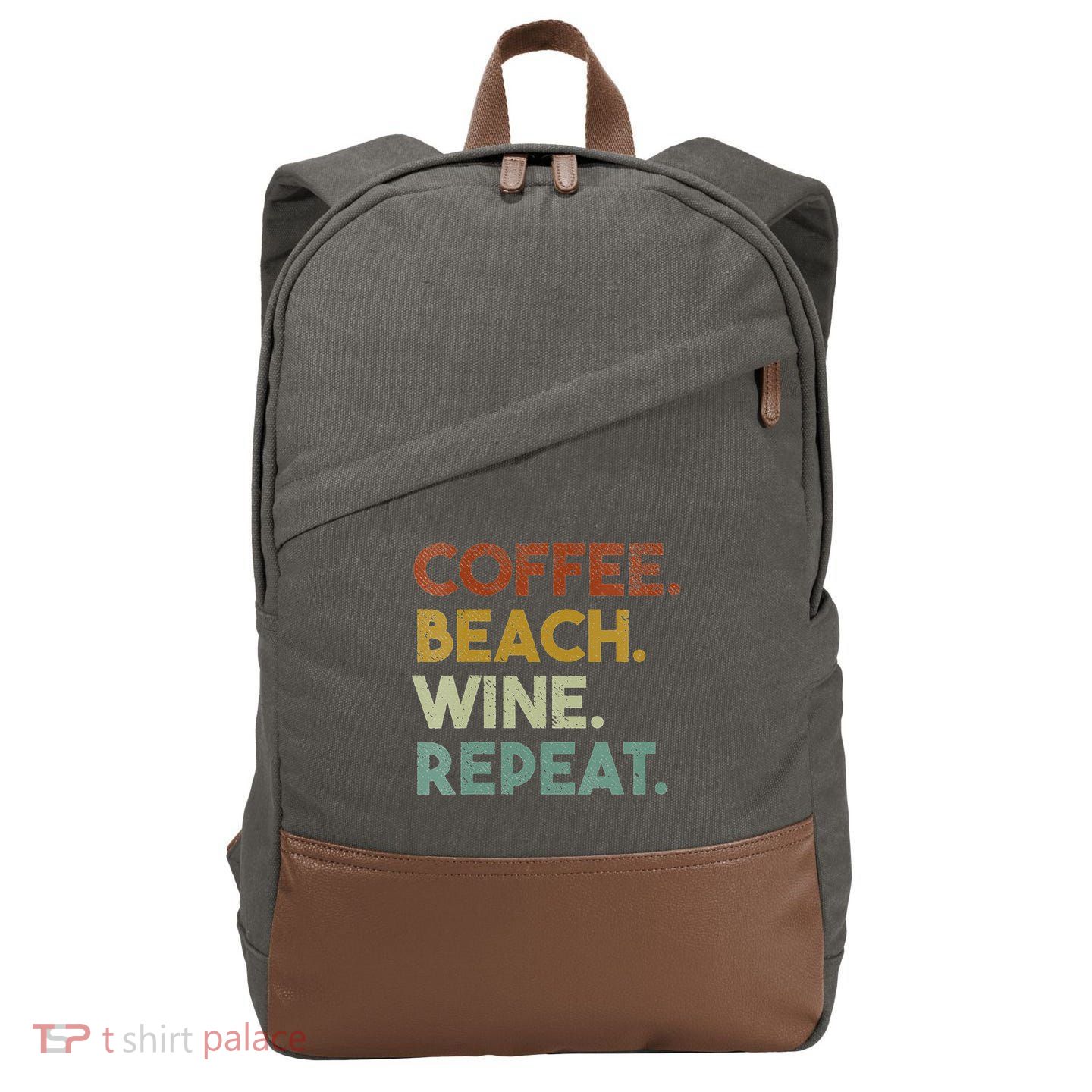 Womens Coffee Beach Wine Repeat Funny Retro Beach Cotton Canvas Backpack