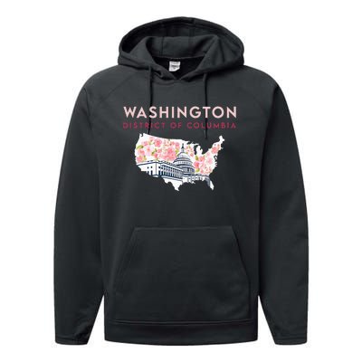 Washington Capitol Building With Cherry Blossom In Us Map Performance Fleece Hoodie