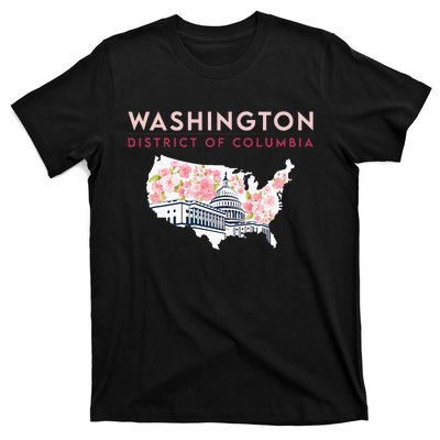 Washington Capitol Building With Cherry Blossom In Us Map T-Shirt