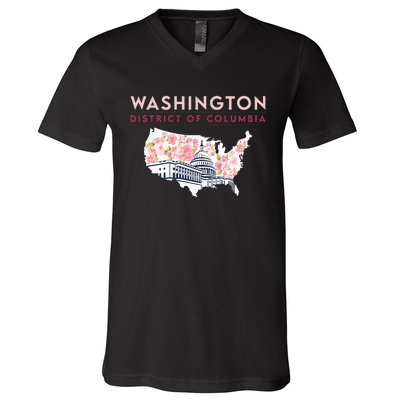 Washington Capitol Building With Cherry Blossom In Us Map V-Neck T-Shirt