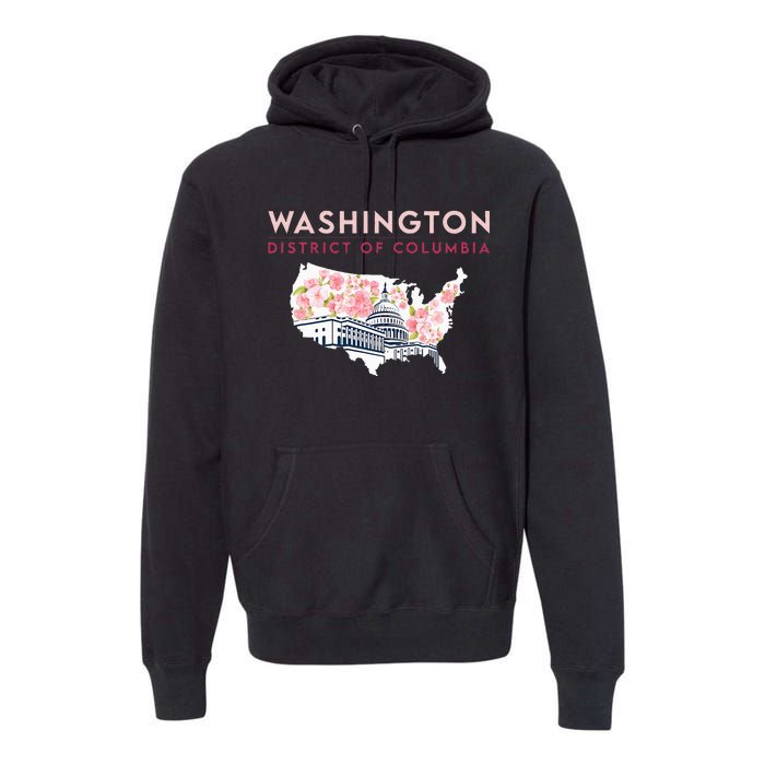 Washington Capitol Building With Cherry Blossom In Us Map Premium Hoodie