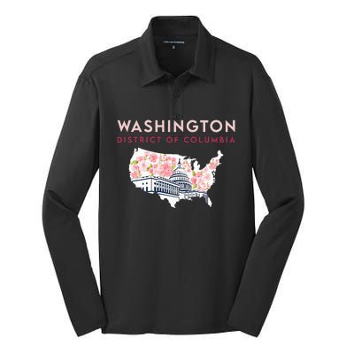 Washington Capitol Building With Cherry Blossom In Us Map Silk Touch Performance Long Sleeve Polo