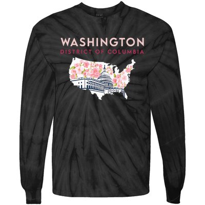 Washington Capitol Building With Cherry Blossom In Us Map Tie-Dye Long Sleeve Shirt