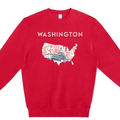 Washington Capitol Building With Cherry Blossom In Us Map Premium Crewneck Sweatshirt