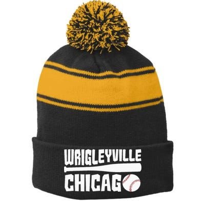 Wrigleyville Chicago Baseball American  Stripe Pom Pom Beanie