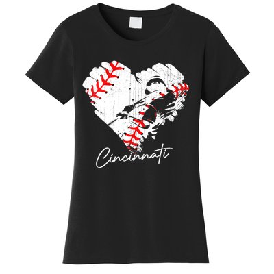 Womens Cincinnati Baseball Heart Distressed Vintage Baseball Women's T-Shirt