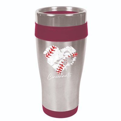 Womens Cincinnati Baseball Heart Distressed Vintage Baseball 16oz Travel Tumbler