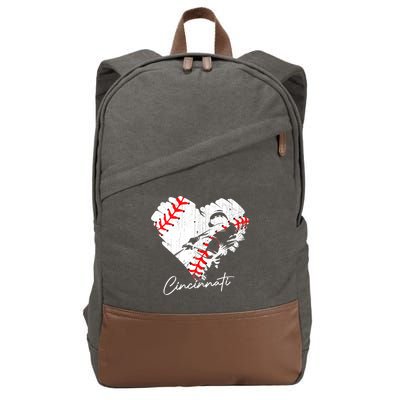 Womens Cincinnati Baseball Heart Distressed Vintage Baseball Cotton Canvas Backpack
