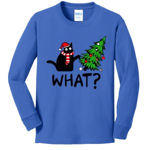 What Christmas Black Cat Pushing Christmas Tree Funny Cat Meaningful Gift Kids Long Sleeve Shirt