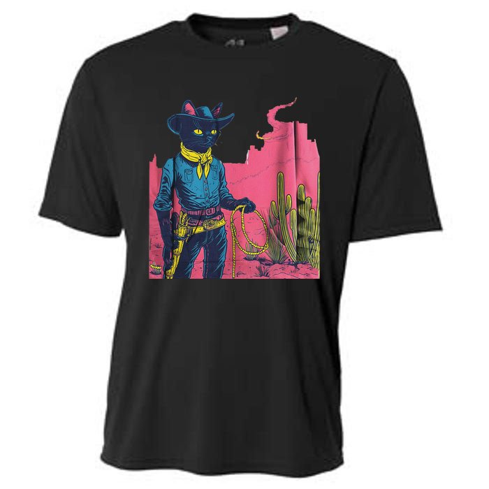 Western Cowboy Black Cat Print Cooling Performance Crew T-Shirt