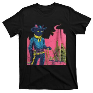 Western Cowboy Black Cat Print T-Shirt