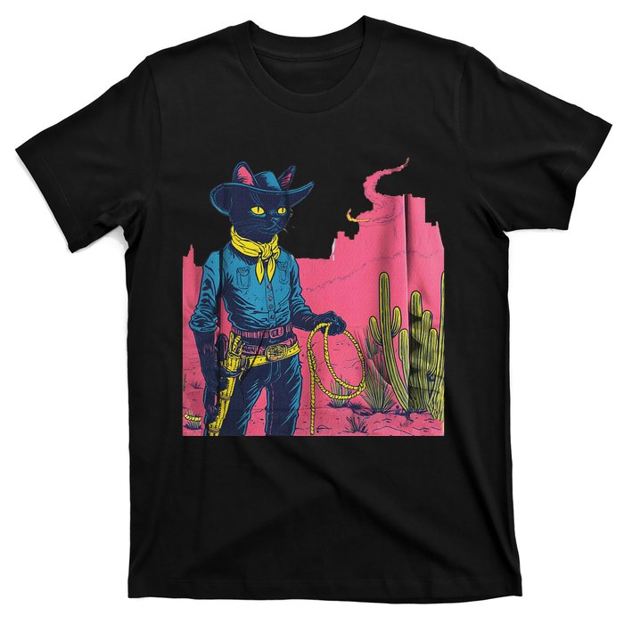 Western Cowboy Black Cat Print T-Shirt