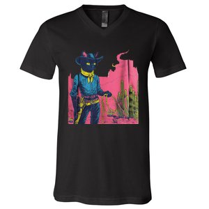 Western Cowboy Black Cat Print V-Neck T-Shirt