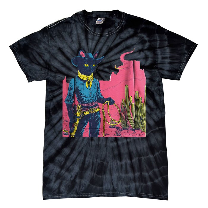 Western Cowboy Black Cat Print Tie-Dye T-Shirt