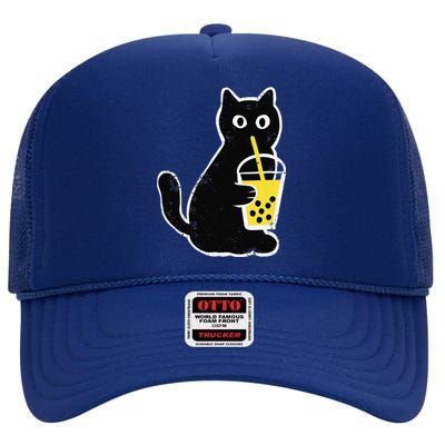 Womens Cat Boba Funny Anime Japanese Bubble Tea Lover High Crown Mesh Back Trucker Hat